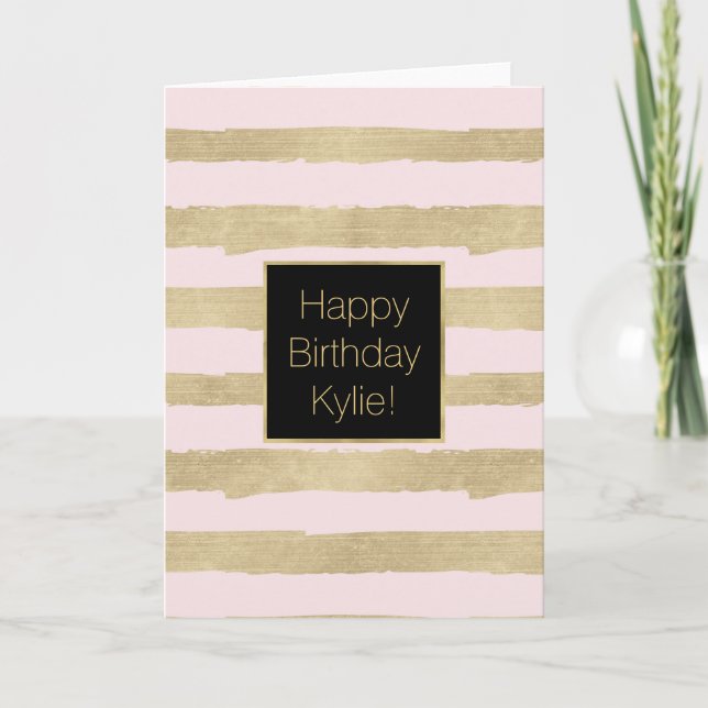 Carte Style Gold Pink Stripes Personnalisé Anniversaire (Devant)