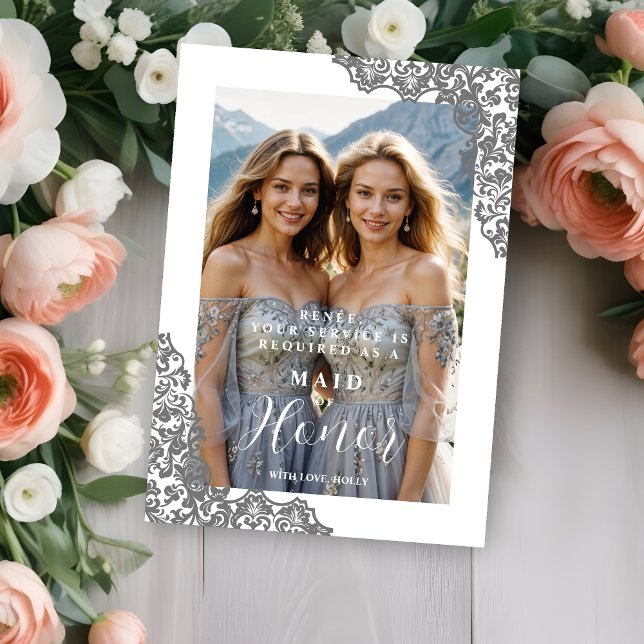 Carte Stylish Cherish Bridesmaid Lace Corner Photo (Stylish Cherish Maid | Matron of Honor Lace Corner Effect Photo Wedding Proposal Cards. )