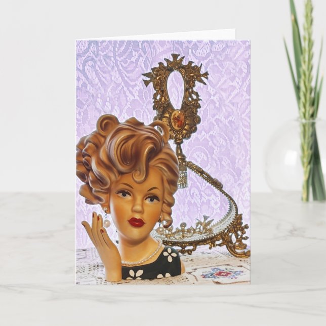 Carte Stylo Lady Head Vase Boucles Spirales Robe Florale (Devant)