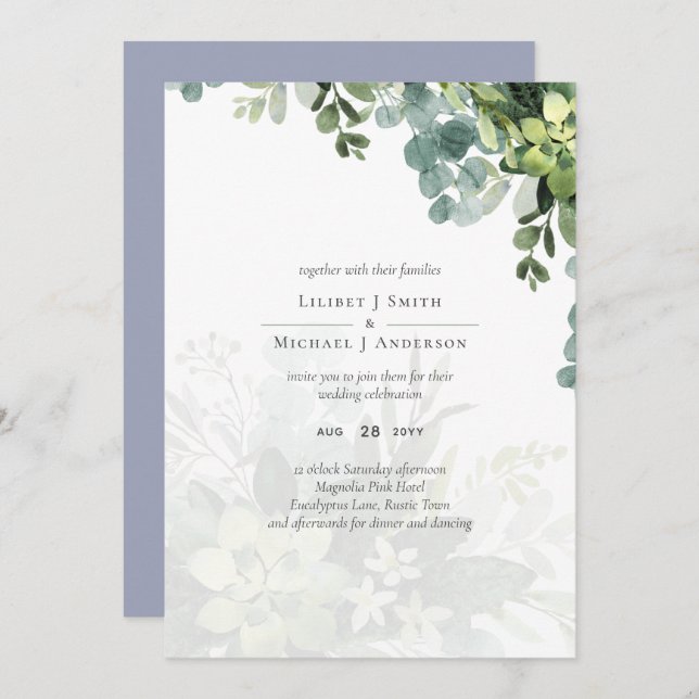 Carte Sublime Dusty Bleu VERT MARIAGE Eucalyptus (Devant / Derrière)