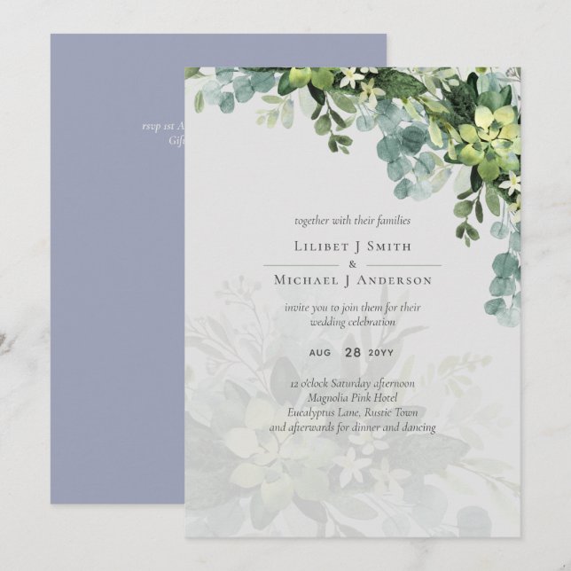 Carte Sublime Dusty Bleu VERT MARIAGE Eucalyptus (Devant / Derrière)