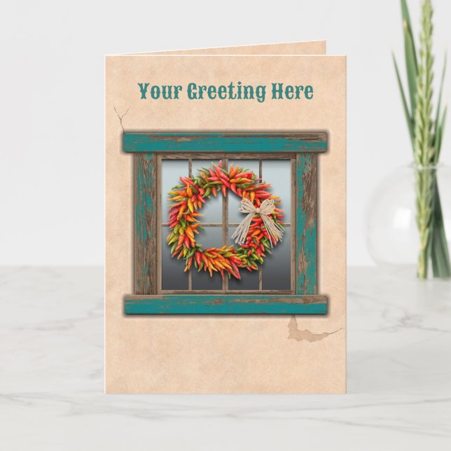 Carte Sud-Ouest Chili Ristra Wreath Rustique Bleu Fenêtr (Devant)