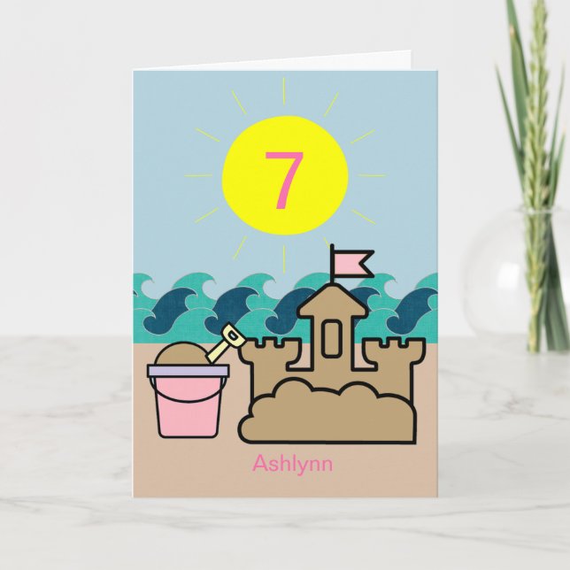 Carte Summer Beach Pink Pail Sandcastle 7e anniversaire (Devant)