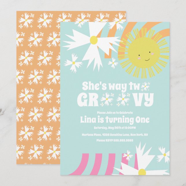 Carte Summer Daisy Flower Retro Way Deux Anniversaire Su (Devant / Derrière)