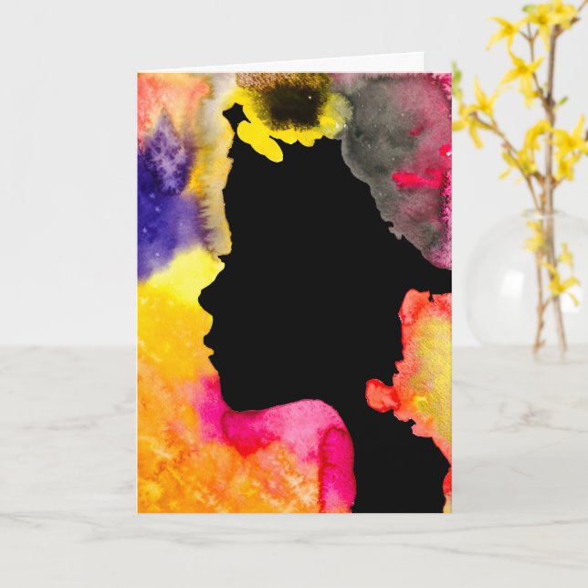Carte Sunflower lady silhouette watercolor art (Fleur jaune)