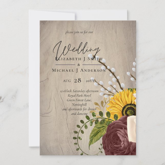 Carte Sunflowers Burgundy Marsala Mariage économique (Devant)