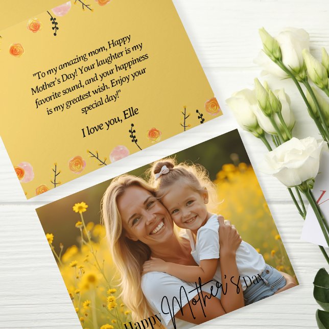 Carte Sunny Yellow Floral Frame Photo Fête des Mères (Sunny Yellow Floral Frame Mother's Day Photo Card)