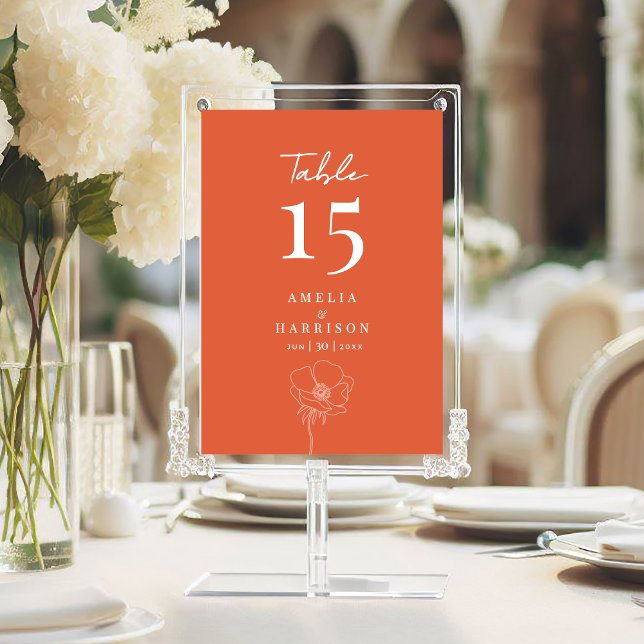 Carte Sunset Orange Mariage élégant 5x7 Numéro de tablea (Sunset Orange Wedding Reception Table Number with Couple Names, Date, Delicate Flowers.)