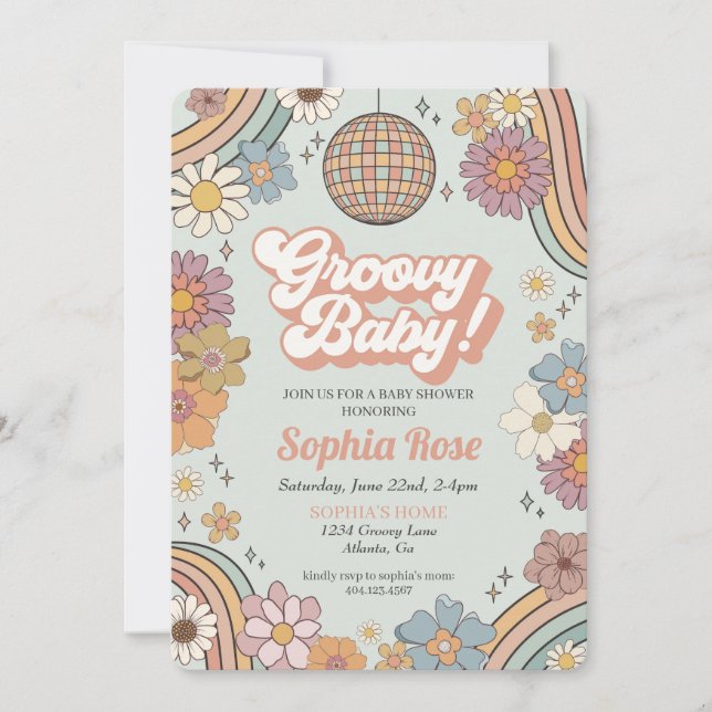 Carte Super Baby shower floral, les années 70 thème rétr (Devant)