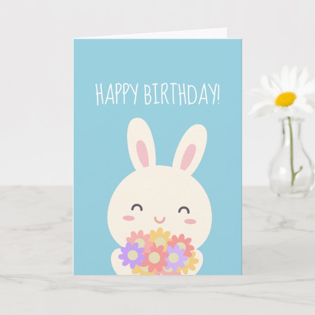 Carte Super Cute Kawaii Bunny & Fleurs Joyeux Anniversai (Petite plante)