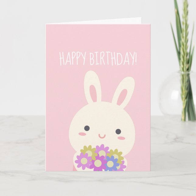 Carte Super mignon lapin et fleurs rose heureux annivers (Devant)