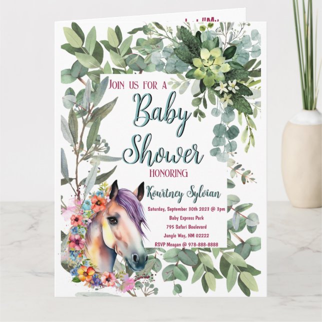 Carte Superbe aquarelle Floral Horse Baby shower (Devant)