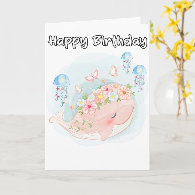 Carte Superbe baleine de natation Anniversaire (Fleur jaune)