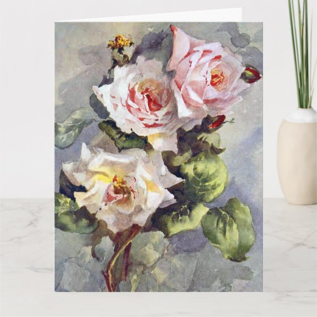 Carte Superbe Elégante Roses Rose Aquarelle Peinture (Devant)