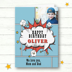 Carte Superhero Comic Speech Bubble Boy Photo Anniversai