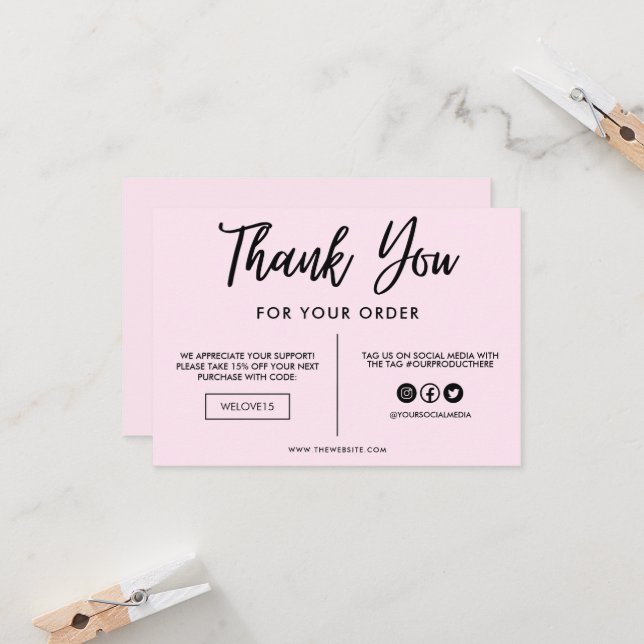 Carte Support en Merci noir et rose (Devant/Arrière en situation)