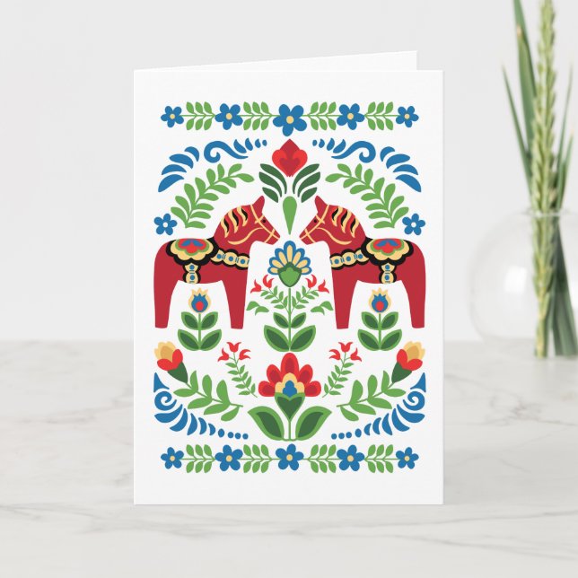 Carte Swedish Dala Horses Red Greeting Card (Devant)