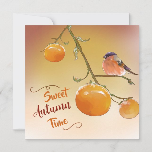Carte Sweet Automne Cute Orange Persimmon Fruits & Oisea (Devant)
