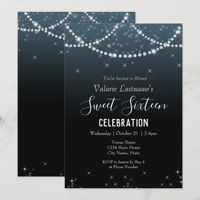 Carte Sweet sixteen Anniversaire Ombre Diamond (Devant / Derrière)