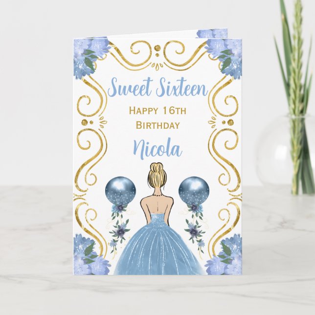 Carte Sweet sixteen Blonde Princesse Bleue Joyeux annive (Devant)