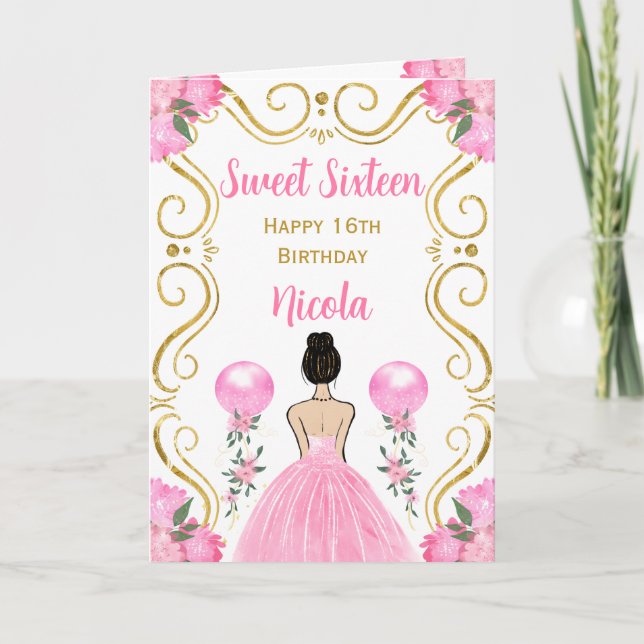 Carte Sweet sixteen Brown Cheveux Princesse rose Anniver (Devant)