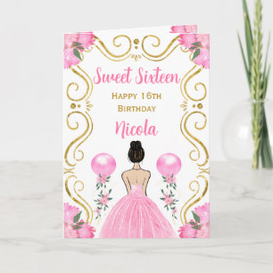 Carte Sweet sixteen Brown Cheveux Princesse rose Anniver