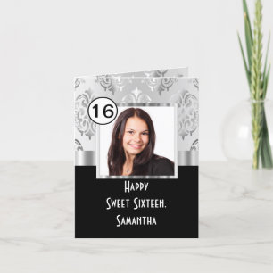 Carte Sweet sixteen damassé noir et argent