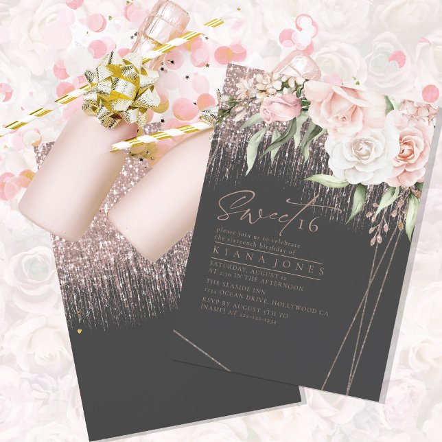 Carte Sweet sixteen floral étincelles Rose or/noir ID912 (Créateur téléchargé)