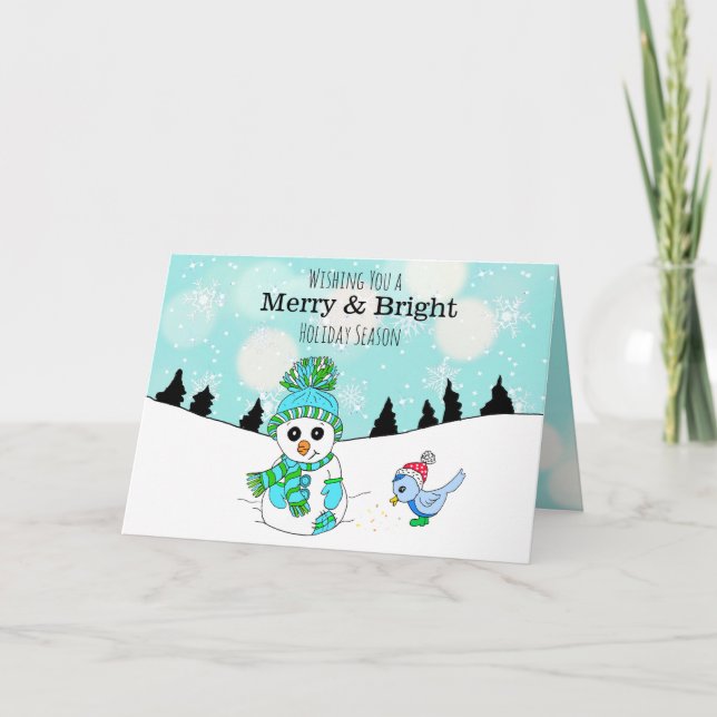 Carte Sweet Turquoise Snowman et oiseau Jour d'hiver Noë (Devant)