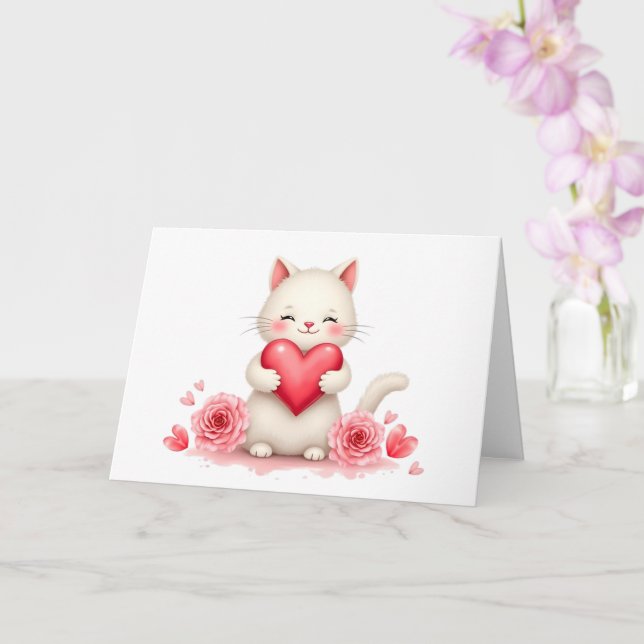 Carte Sweet White Kitten with Red Heart Valentine Blank  (Orchidée)