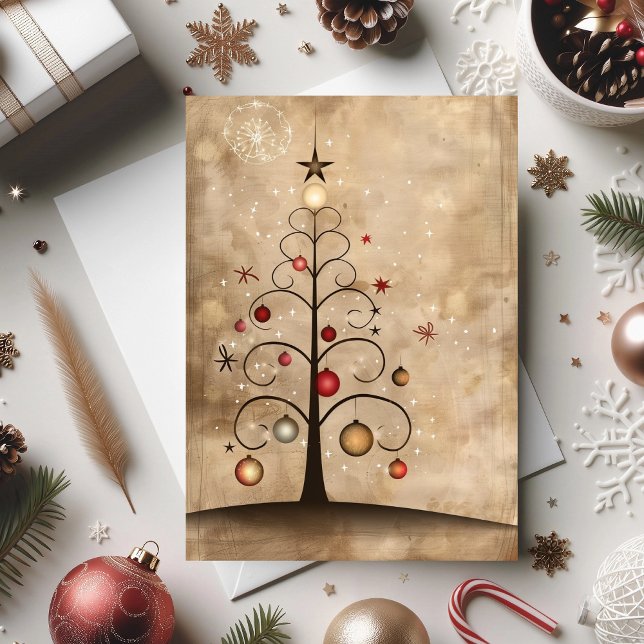 Carte Swirly Christmas Tree Magic with Dancing Ornament  (An elegant tree design with vintage charm and hand-drawn beauty)