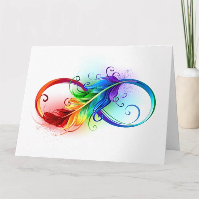 Carte Symbole d'infini avec plume arc-en-ciel (Devant)