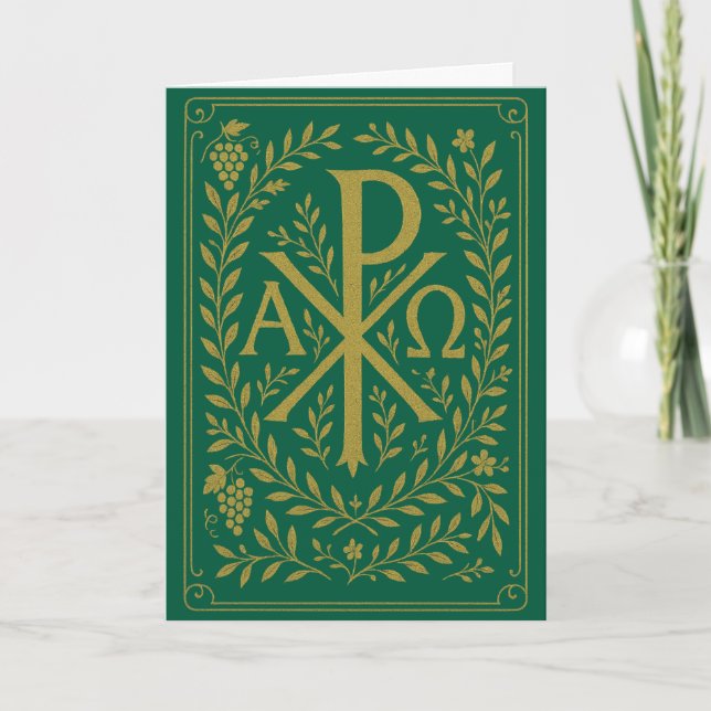 Carte Symbole d'or Chi Rho Alpha Omega sur Vert (Devant)