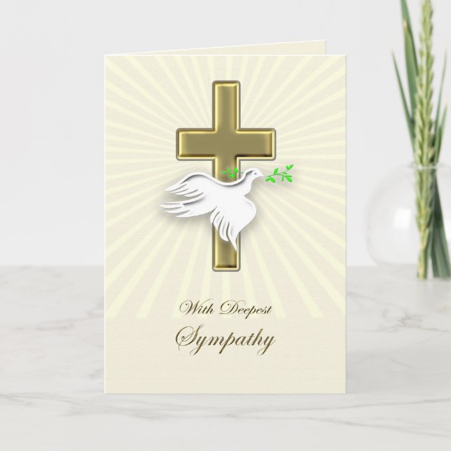 Carte Sympathie avec une croix d'or et une colombe. (Devant)