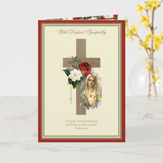 Carte Sympathie catholique Vierge Marie Jésus Rouge Rose (Fleur jaune)
