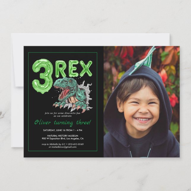 Carte T-Rex "3 Rex" | Dinosaur Anniversaire Photo (Devant)
