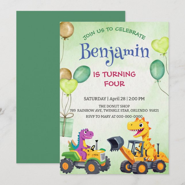 Carte T-rex dinosaure Excavateur ballon tracteur Anniver (Devant / Derrière)