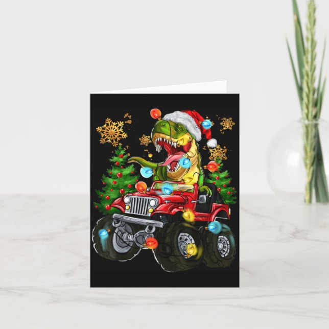 Carte T-rex Santa In Monster Truck With Christmas Trees  (Devant)
