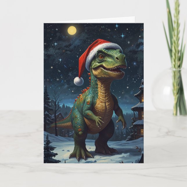 Carte T-Rex Starry Nuit de Noël Dinosaure Personnalisé (Devant)