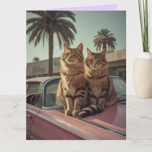 Carte Tabby cat & pink classic car BIRTHDAY Greeting  (Devant)