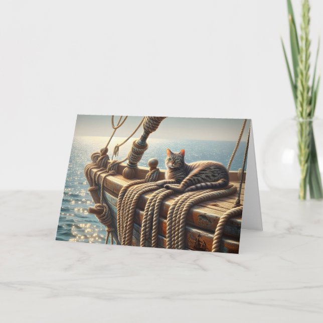 Carte Tabby Chat Anniversaire Sur Les Cordes Du Navire (Devant)