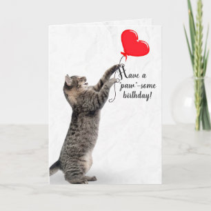 Carte Tabby Chat d'anniversaire avec ballon de coeur
