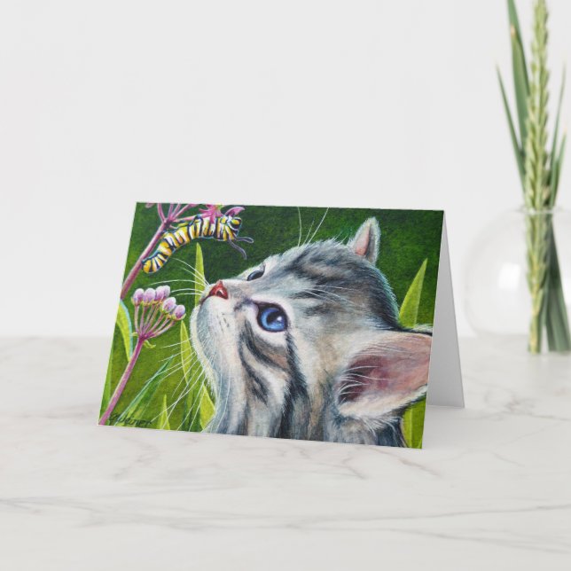 Carte Tabby gris Kitten et Caterpillar Aquarelle Art (Devant)