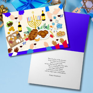 Carte Table de Hanukkah joyeuse avec menorah, nourriture