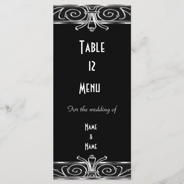 Carte Table de menu Elégant Noir Argent Art Déco (Devant)
