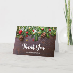 Carte Table de Noël rustique avec pin et Merci de neige