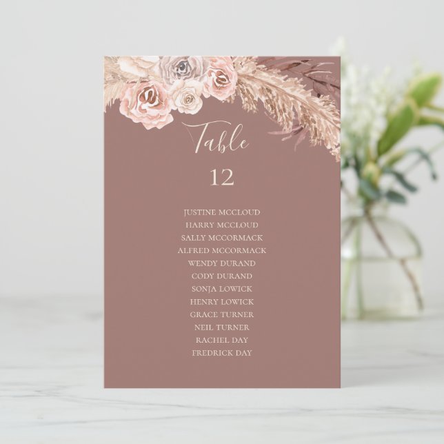 Carte Tableau des numéros de Rose Boho Botanical Dusty (Debout devant)