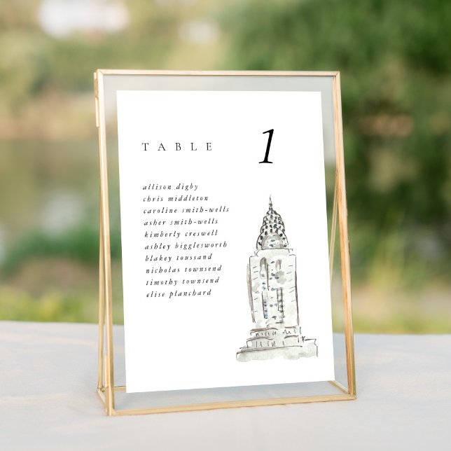 Carte Tableau des sièges Mariages du bâtiment Chrysler d (Watercolor Chrysler Building chic New York Wedding table number cards.)