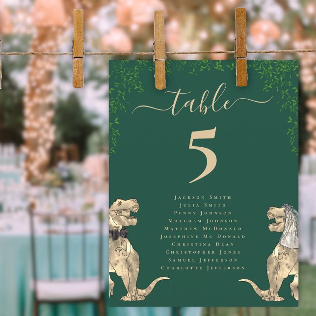 Carte Tableau Mariage à thème Dinosaur Tableau de sièges (Dinosaur wedding dark green table number chart card T-Rex dino bride and groom elegant script )