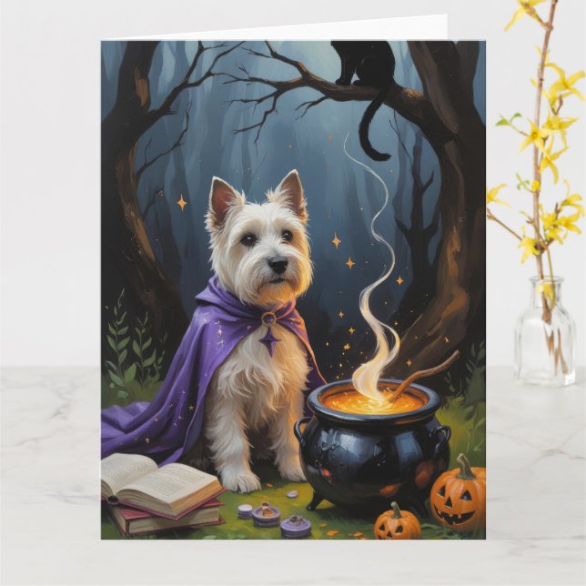 Carte Tableau Whimsical Halloween de Cairn Terrier Chien (Fleur jaune)